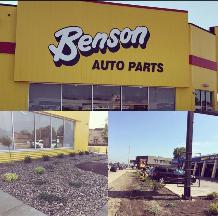 Collage of landscaping done for Benson auto parts.