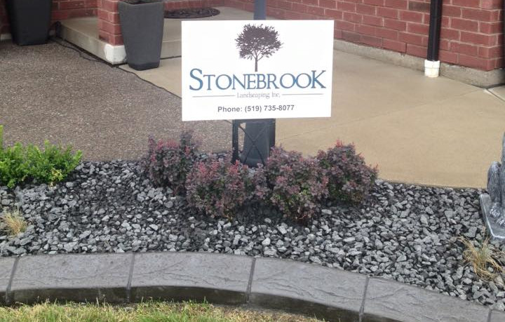 Stonebrook landscaping sign on residential work.